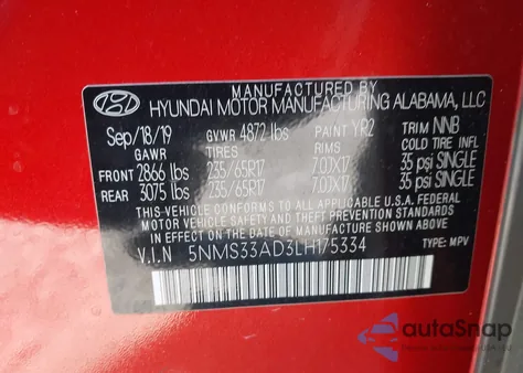 2020 Hyundai Santa Fe Sel z USA, uszkodzony, nr VIN 5NMS33AD3LH175334